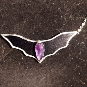 Stained glass amethyst bat necklace